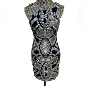 Core Social 7 Blue Silver Geometric Sheath Dress Stretch Party Evening Mini